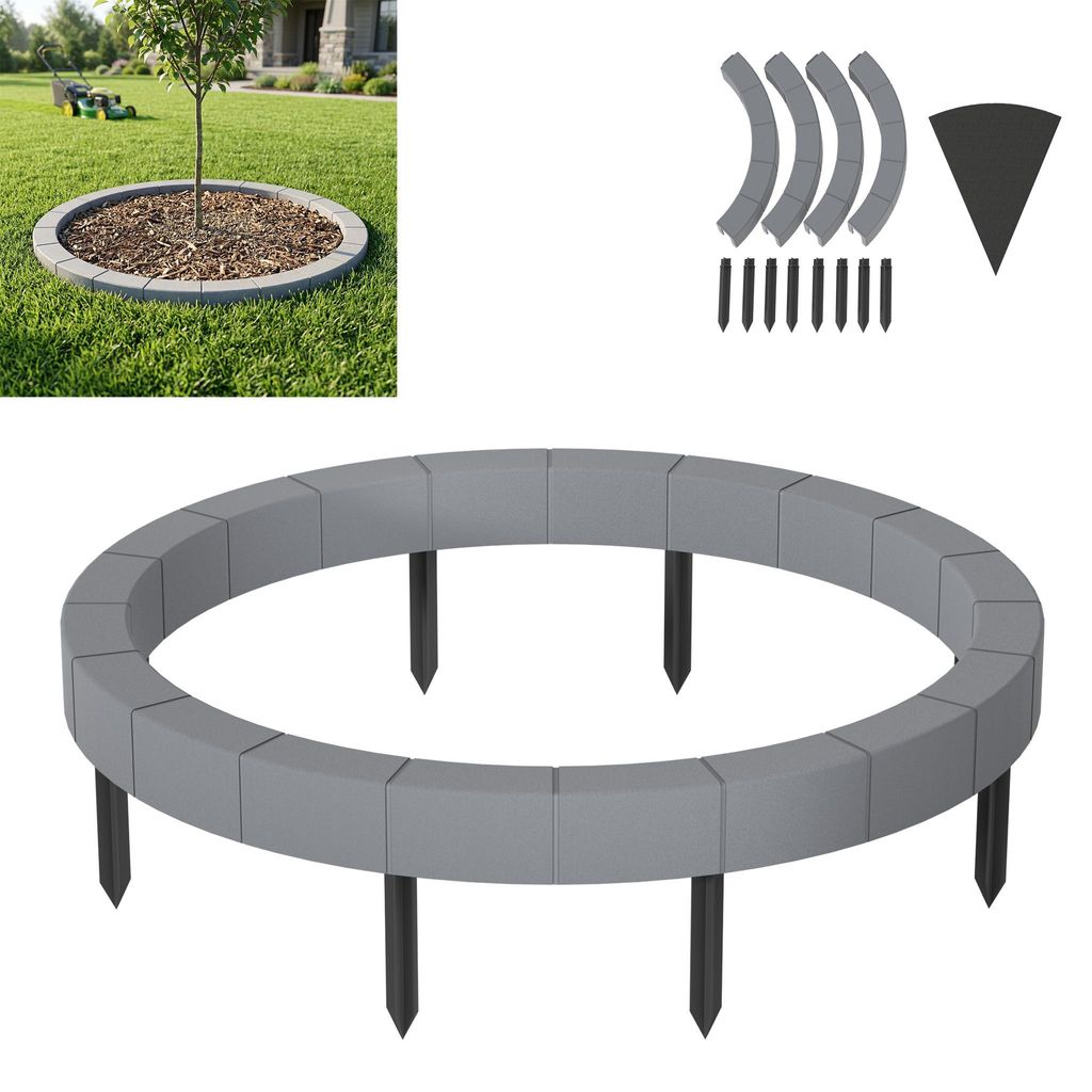 XINZI Rasenkante Baumumrandung Baumring Baumeinfassung aus PP Kunststoff mit Vlies Unkrautschutz, wetterfest & UV-beständig, 80 cm Grau