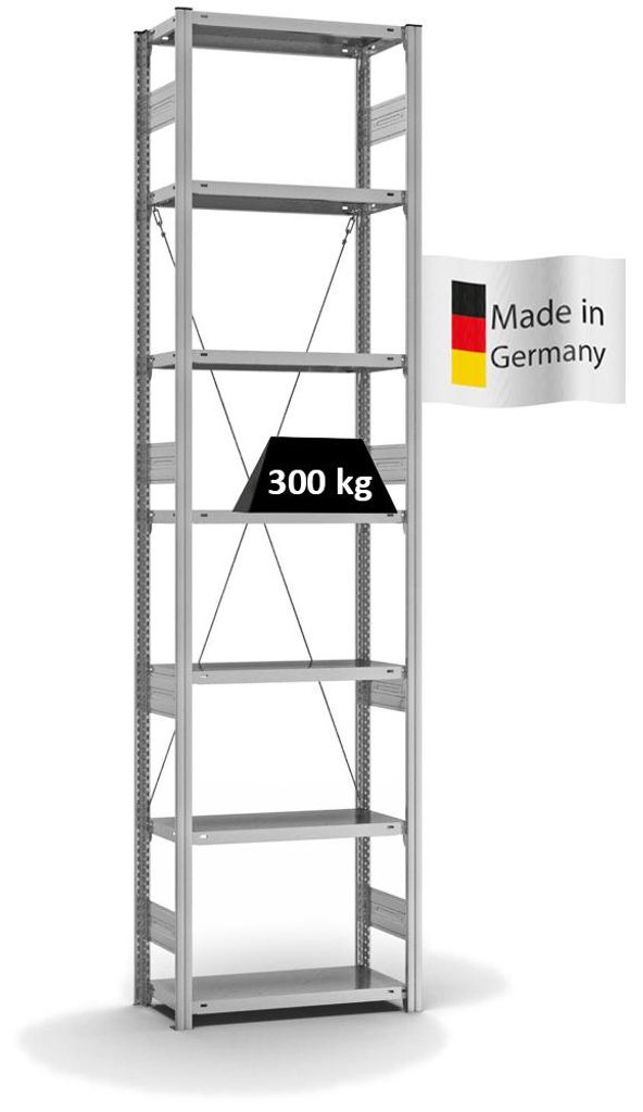PROREGAL Fachbodenregal Stecksystem MAGNUS Germany | HxBxT 300x75x30cm | 7 Ebenen | Fachlast 300 kg | Einseitig nutzbar | Verzinkt