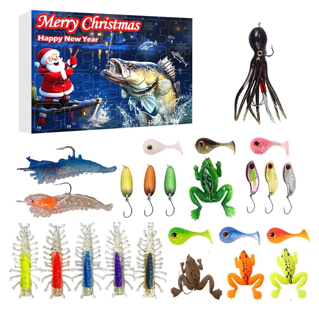 Angel-Adventskalender 2025 – Weihnachtskalender mit 24 Ködern – 24-Tage-Angelset für Männer, Väter und jugendliche Angler
