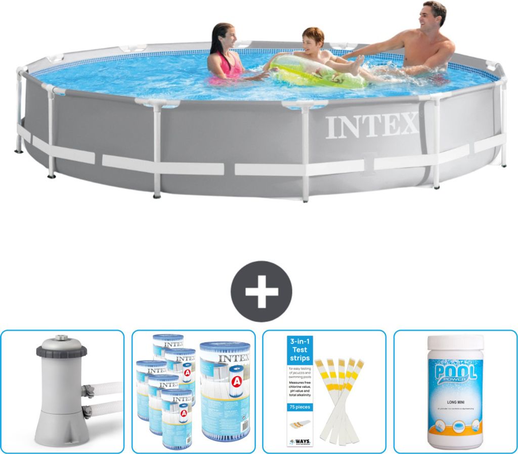 Intex Round Prism Frame Swimming Pool – 366 x 76 cm – Grau – inklusive Pumpe Filter - Teststreifen - Chlor