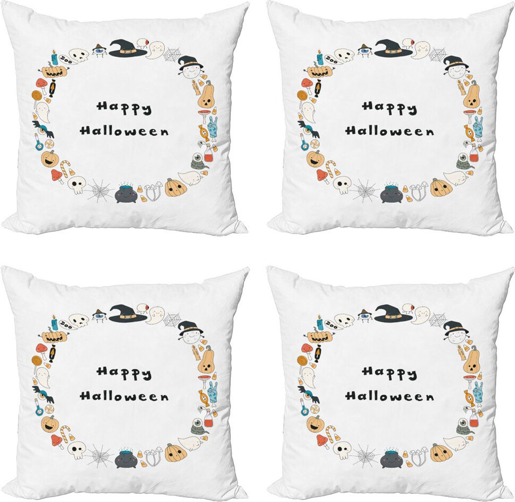ABAKUHAUS Halloween Kissenbezug Set (4 Stück), Happy Halloween-Skizze, Moderner Doppelseitiger Digitaldruck, 60 cm x 60 cm, Mehrfarbig