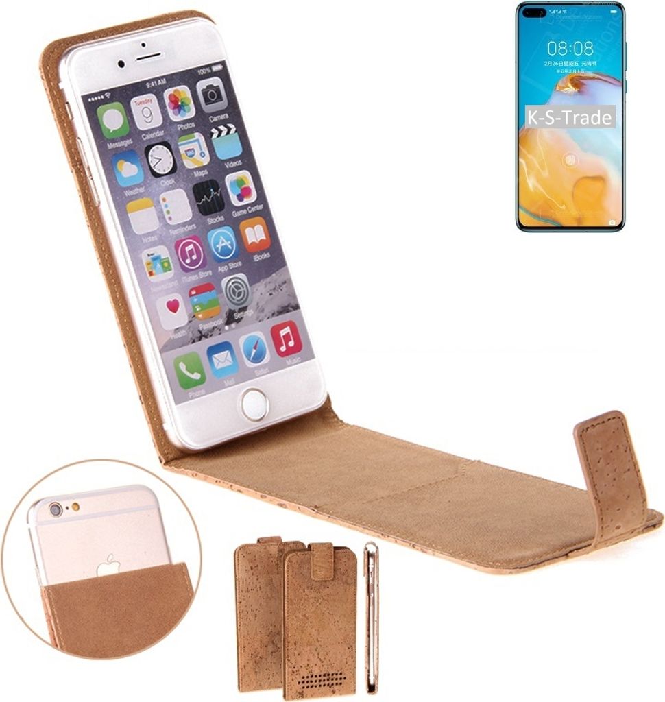 K-S-Trade Handyhülle kompatibel mit Huawei P40 4G Kork Hülle Flipstyle Case Schutzhülle Kork Case Hülle Flip cover Klapphülle Klapp, braun 1x