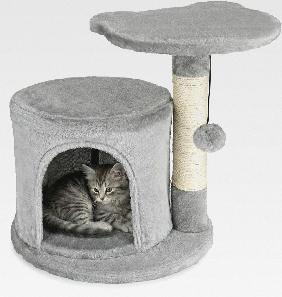 Katzenkratzer 42 cm - Hellgrau, MDF-Platte und Sisalschnur, Plüsch Oberfläche - Häuschen mit Versteck Und Ablagefach, Stabil Und Kompakt Möbel ...