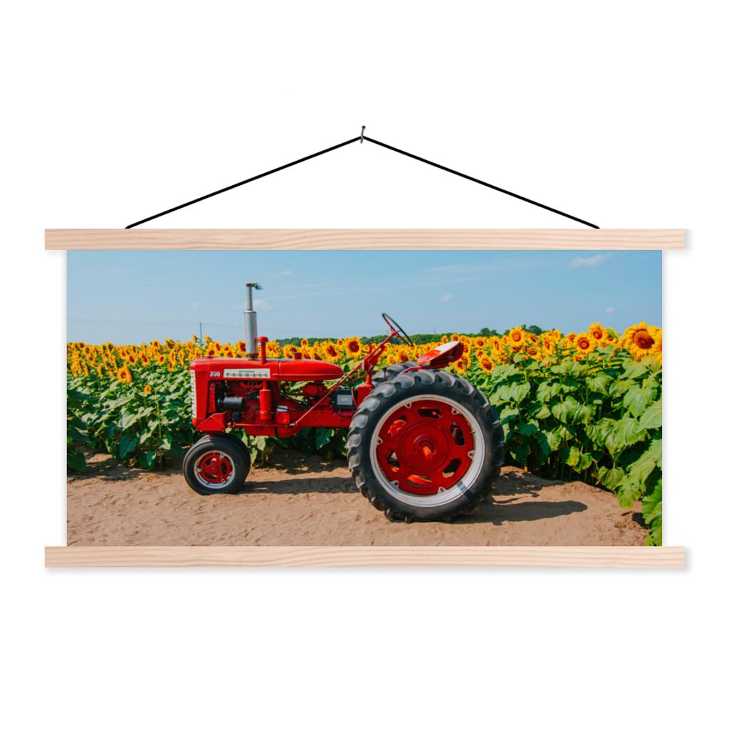 MuchoWow Textilposter Traktor - Rot - Sonnenblume - Bauernhof - Blumen 120x60 cm mit holzfarbenen Rahmen - Klemmleiste
