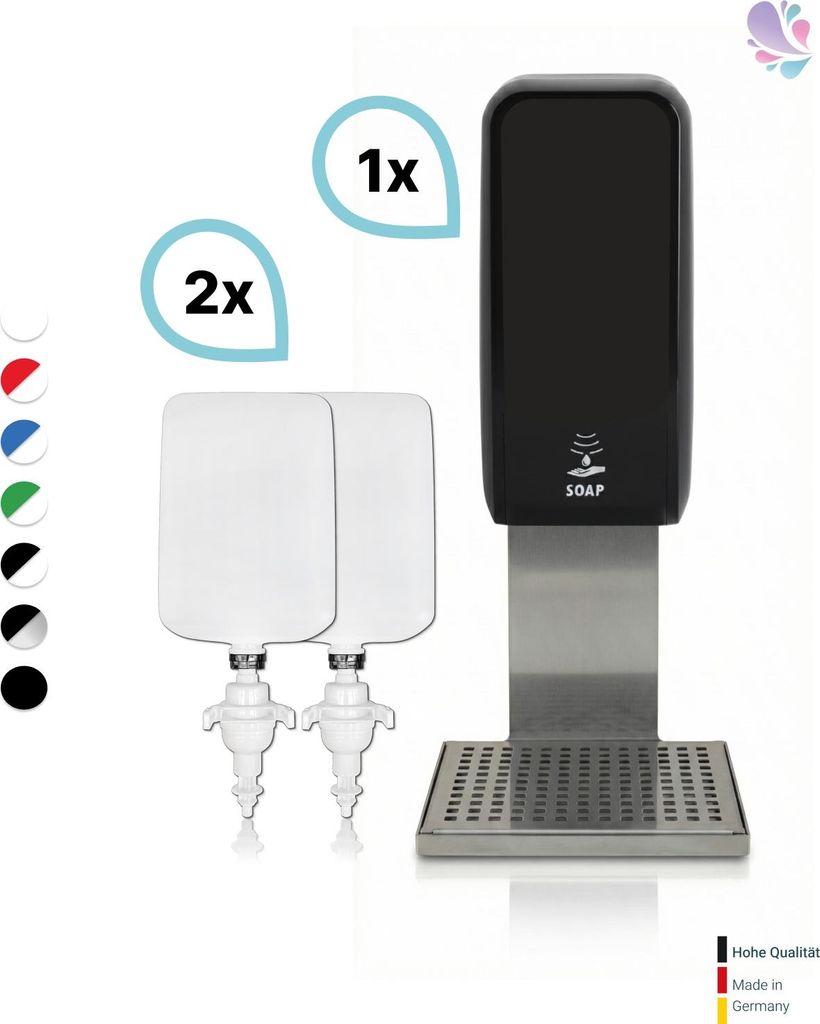 SET: Schaumseifenspender SENSOR Cosmos (berührungslos) +2x1L Schaumseife mild+ Edelstahlhalterung mit Auffangschale Wandmontage : Farbe - Schwarz ...