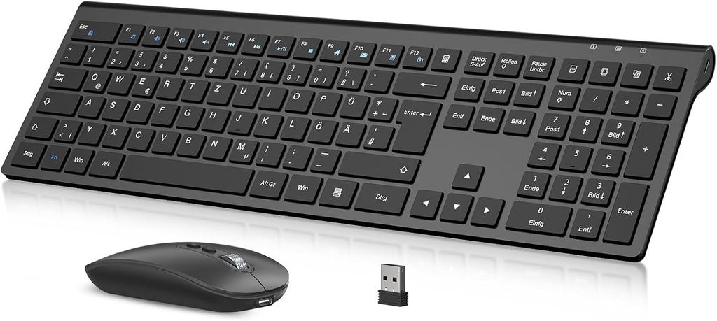 Kabelloses Tastatur Maus Set, Ultra Dünn Wiederaufladbar, Ergonomisch Funktastatur QWERTZ, Leise Tasten, Einstellbare DPI, Für PC, Laptop, Window...