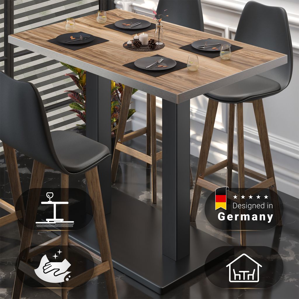 BM | Bistro Stehtisch | 120 x 70 x 108 cm | Rechteckig | Edelstahl Rand | Sheesham / Schwarz | Gastro Steh Tisch Restaurant
