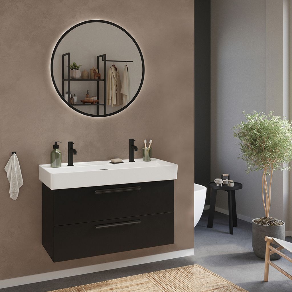 Badmöbel Set 2-teilig Waschtisch in schwarz mit rundem LED-Spiegel - ATELLA-03