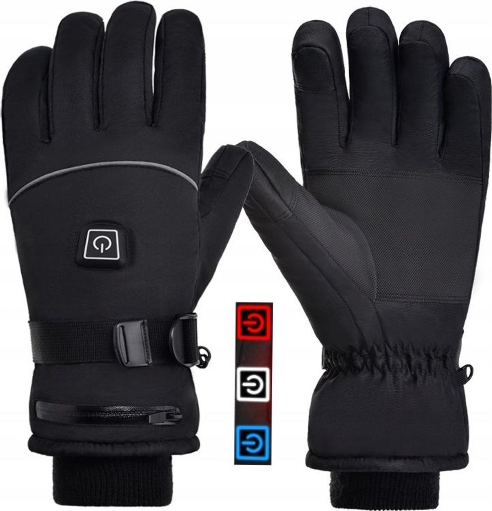 A pair of black heated gloves with a power button and indicator lights shown.
