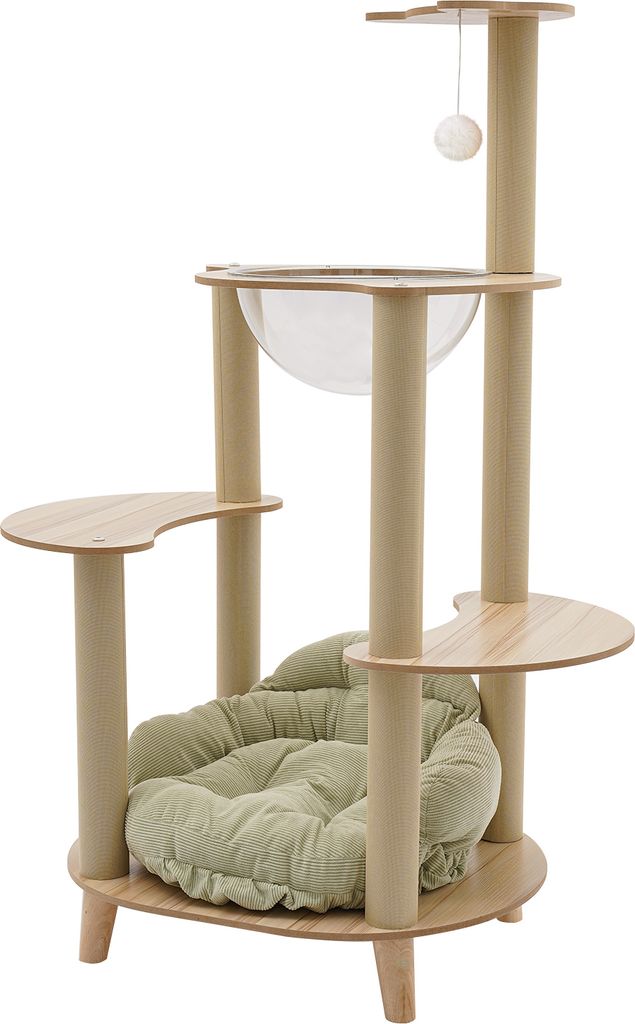 A multi-level cat tree with a bed and a hanging toy, presented against a white background.