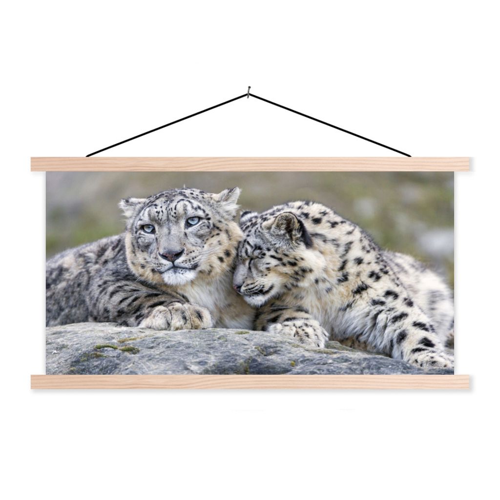 MuchoWow Textilposter Schneeleopard - Steine - Porträt 120x60 cm mit holzfarbenen Rahmen - Klemmleiste