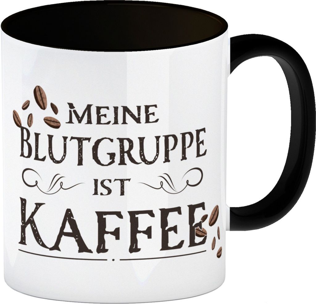 Kaffeebecher Schwarz mit lustigem Motiv und Spruch - Meine Blutgruppe ist Kaffee
