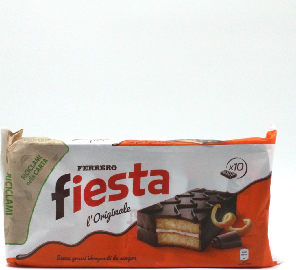 A package of Ferrero Fiesta cakes against a white background.