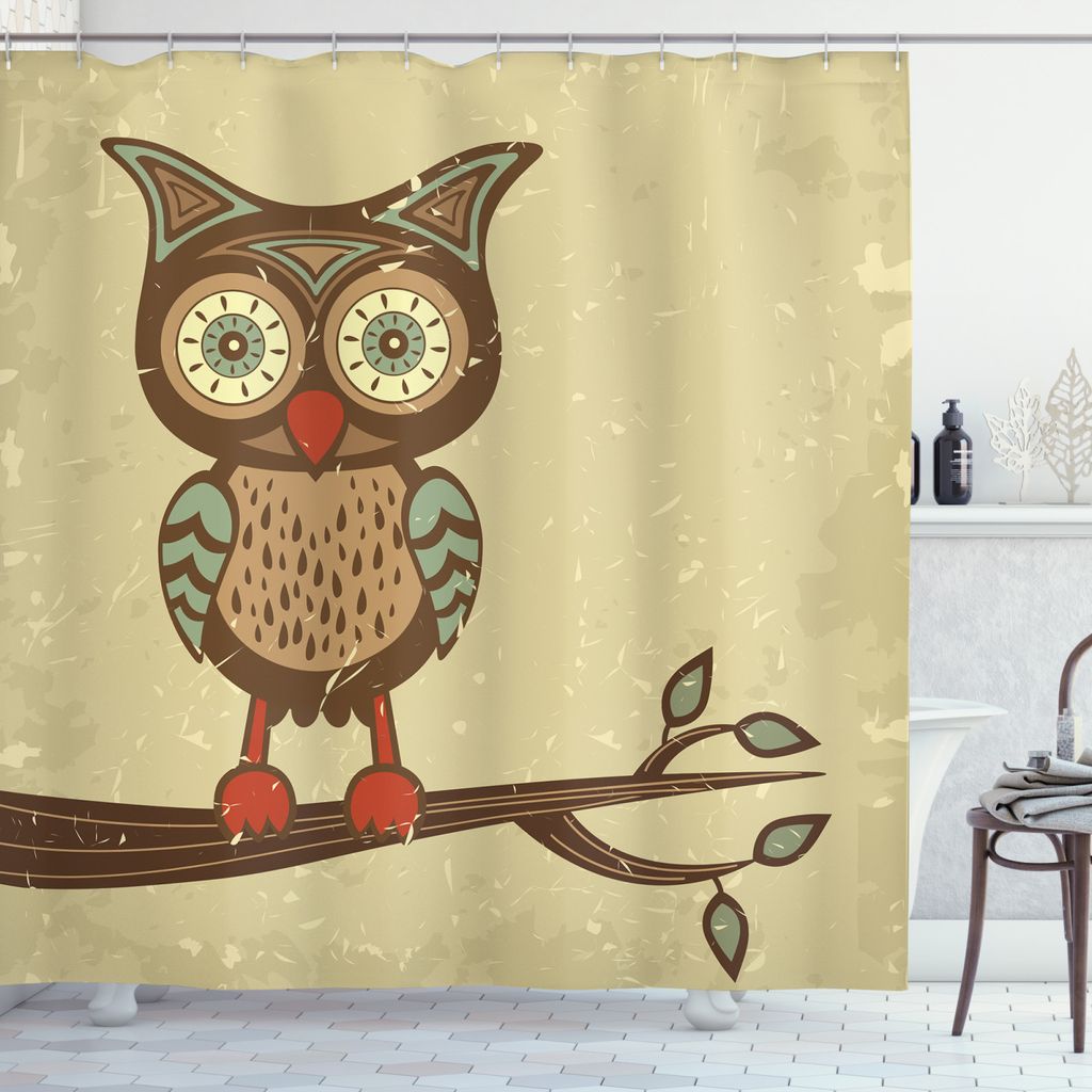 ABAKUHAUS Retro Duschvorhang, Eule sitzen auf Zweig, Wasser Blickdicht inkl.12 Ringe Langhaltig Bakterie und Schimmel Resistent, 175 x 200 cm, Brau...