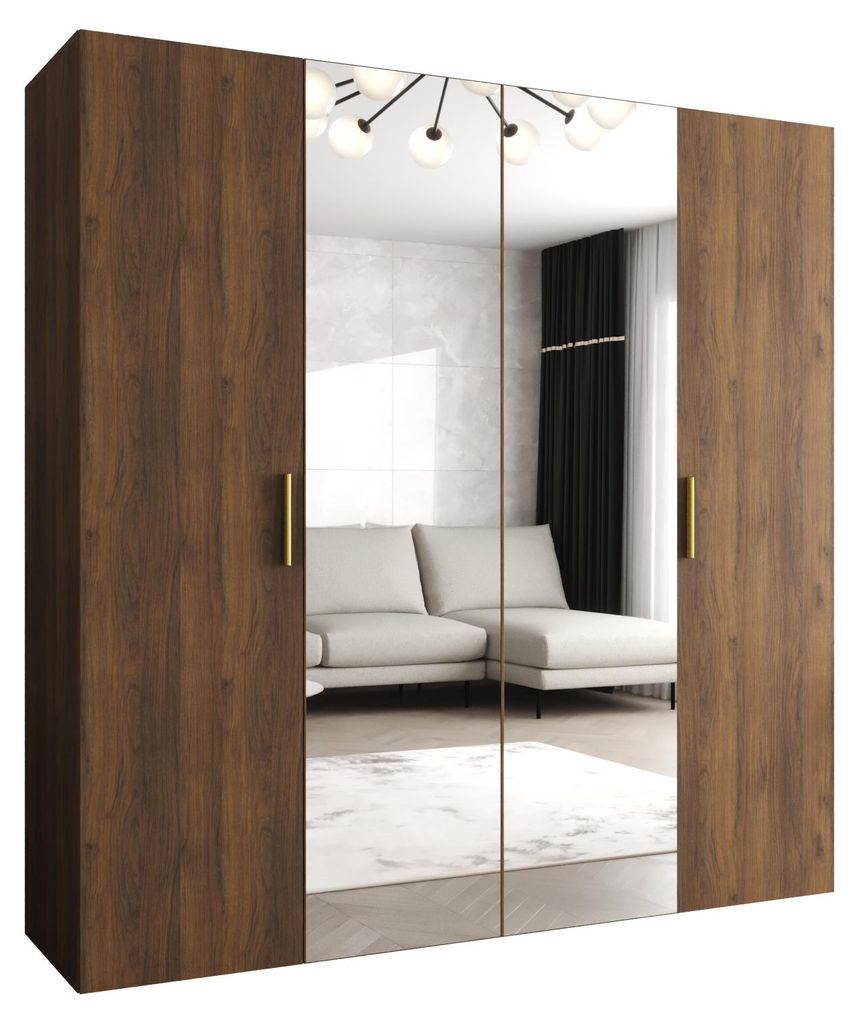 MEBLE KRYSPOL Schrank 200x202x52 cm mit Kleiderstange & Spiegel, 4xTür, BARI, Warmia-Nuss, Griff Gold