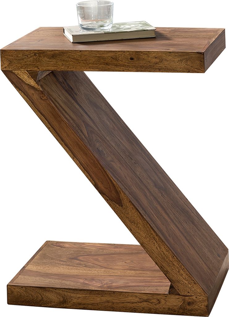 A wooden side table with a Z-shaped design.