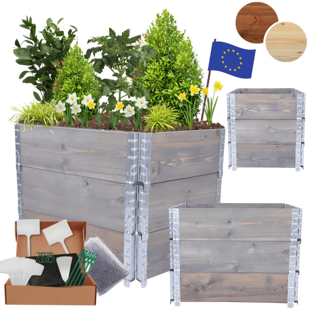 MODO24 Hochbeet Holz, Pflanzrahmen, Kräuterbeet, Gemüsebeet, Massivholz Kiefer, Garten, 60x60x80 cm, Grau, ZP10