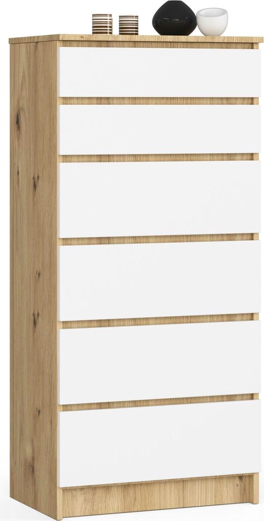 A tall, narrow chest of drawers with six white drawers and a wood-effect frame.