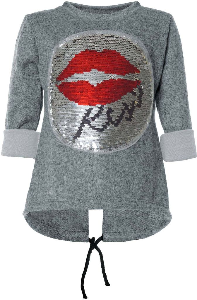 BEZLIT Mädchen Wende Pailletten Pullover mit Kussmund-Motiv Kuss Grau 128