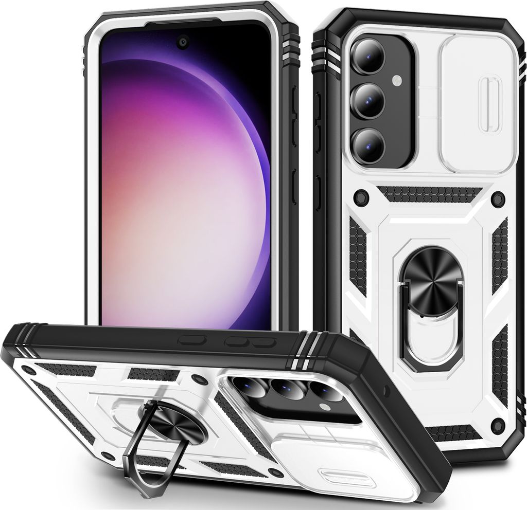 Galaxy S23 FE Hülle, Schiebe Kamera Schutz Stoßfest Schutzhülle mit Ringhalterung Ständer für Samsung Galaxy S23 FE Weiß
