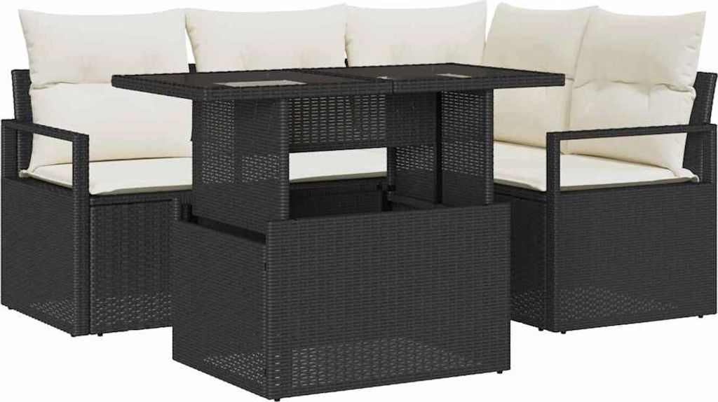 vidaXL Garten-Sofa-Set mit Kissen 5 pcs Schwarz und Creme Poly-Rattan