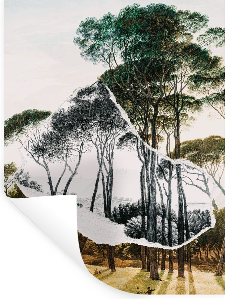 MuchoWow Wandtattoo Wandsticker Wandaufkleber Italienische Landschaft Schirmkiefern - Kunst - Hendrik Voogd - Malerei - Schwarz-Weiß - Alte Meis...