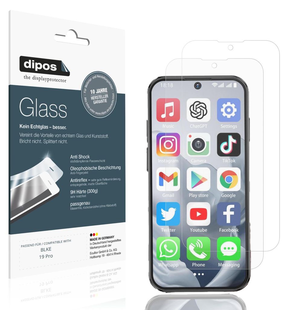 2x Schutzfolie für BLKE 19 Pro matt - Anti-Shock 9H Folie dipos Glass Kunststoffglas