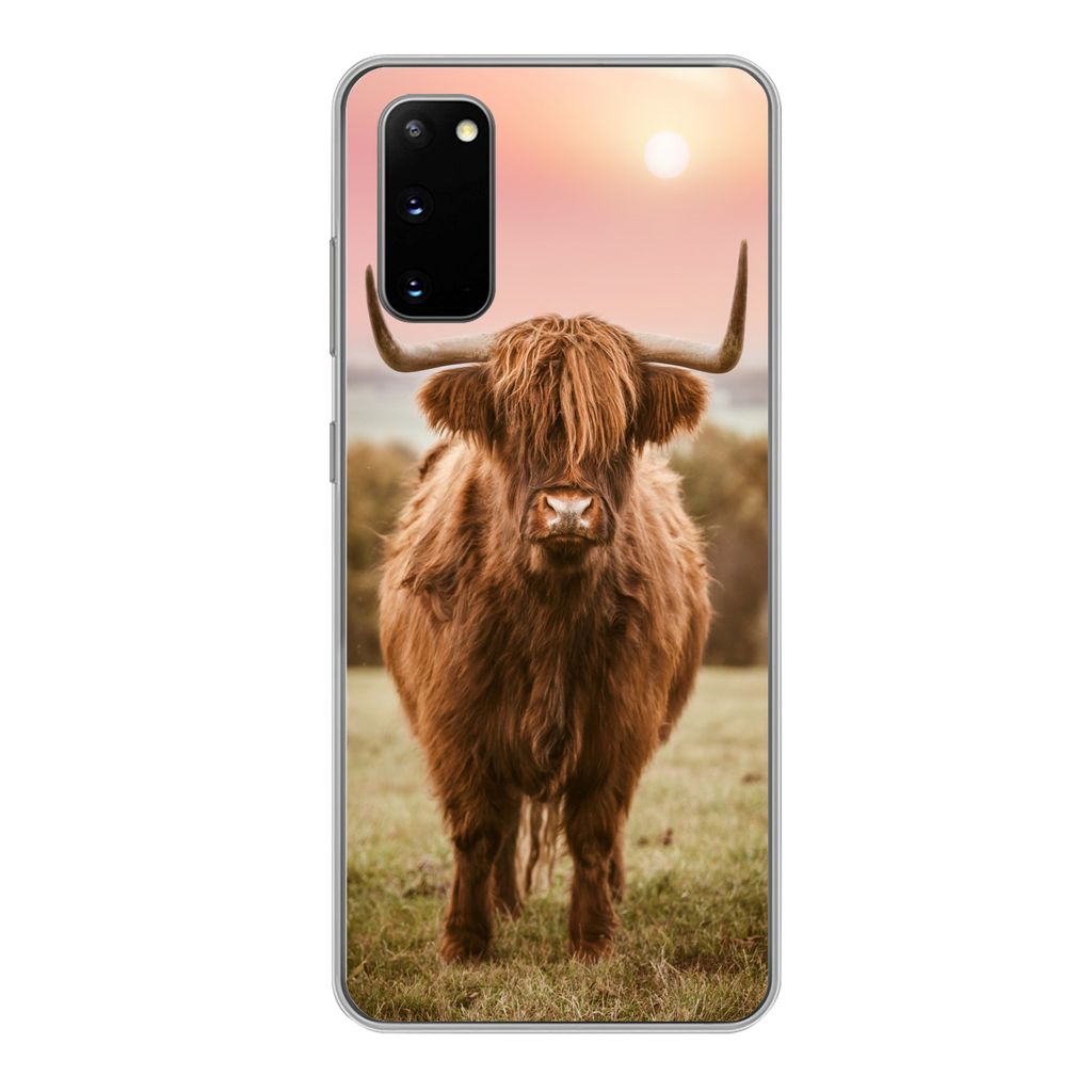 MuchoWow Handyhülle Schutzhülle Hülle für Samsung Galaxy S20 Schottischer Highlander - Sonne - Himmel Silikon Softcase Handy Hülle - Bild