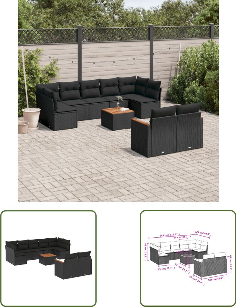 The Living Store 10-tlg. Garten-Sofagarnitur mit Kissen Schwarz Poly Rattan