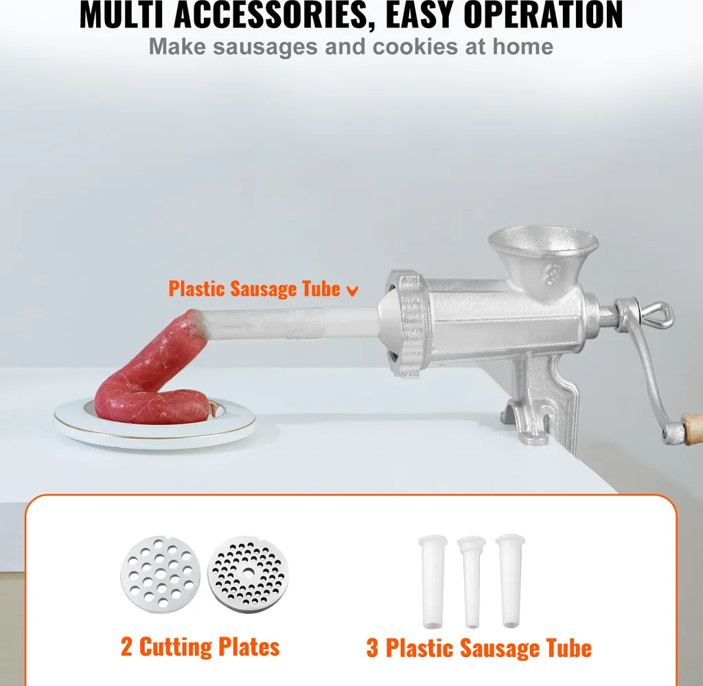 VEVOR tritacarne manuale 5 / 8 mm piastre di taglio, tritacarne da cucina incl. 3 tubi di riempimento salsiccia e asta di spinta macchina per la carne tritacarne tritacarne salsiccia riempimento facile da pulire tritacarne - 5