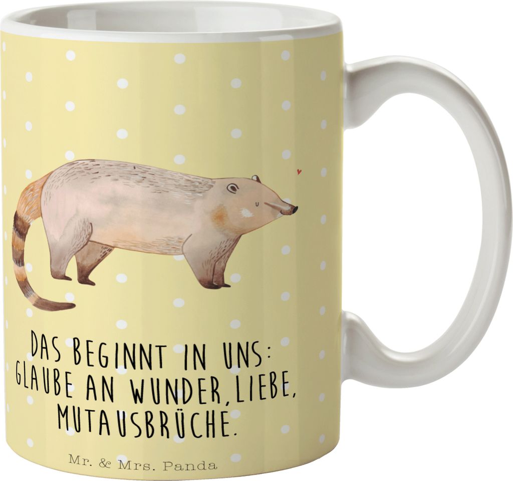 Mr. & Mrs. Panda Tasse Nasenbär - Gelb Pastell - Geschenk, Keramiktasse, Teetasse, Bär, Nasenbären, Kaffeetasse, Rüsselbär, Lustige Sprüche, ...