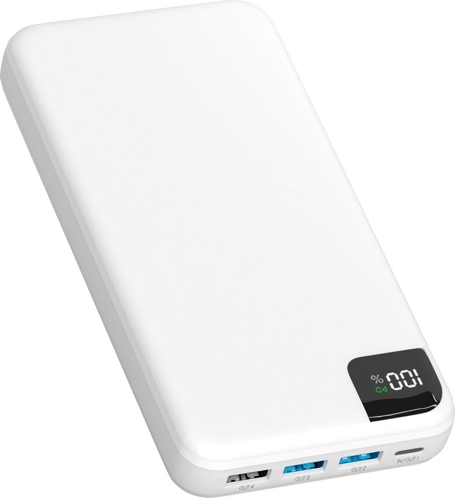 A white power bank is shown against a white background.