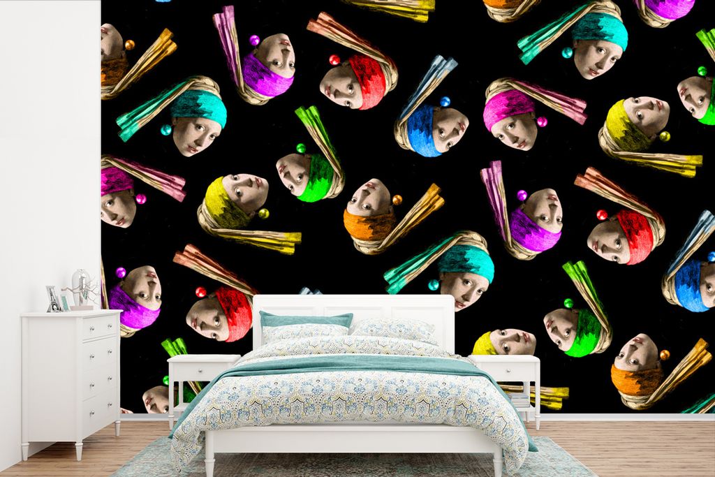 MuchoWow Fototapete für Wohnzimmer oder Schlafzimmer Wandtapete Vinyl Motivtapete Girl with a Pearl Earring - Muster - Regenbogen - 450x300 cm -...