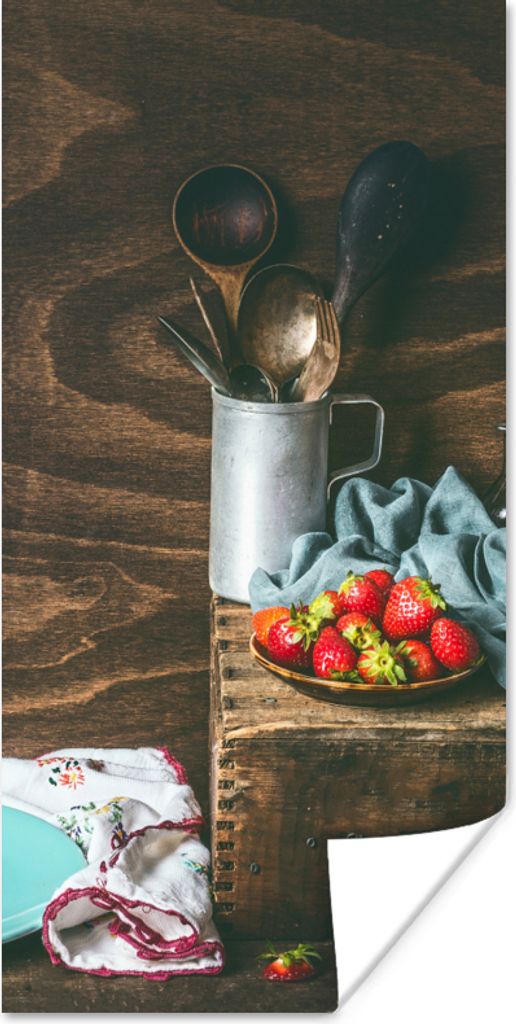 MuchoWow Poster Rustikal - Obst - Küchenutensilien - Erdbeere 60x120 cm - Wandschmuck