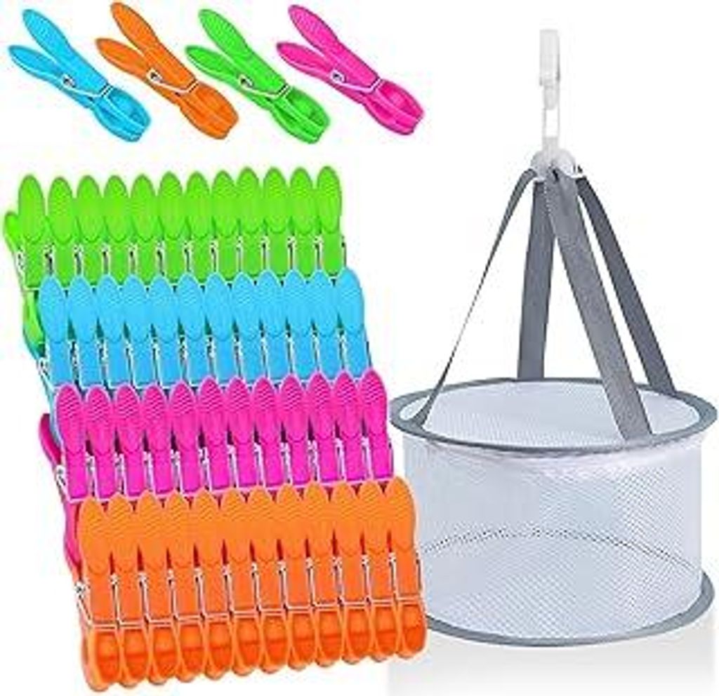 48 Stück 4 Farben Wäscheklammern, Wäscheklammerbeute mit Stabiler Aussenringfeder und Wäscheklammern Korb für Wäscheleine oder Wäschestände...