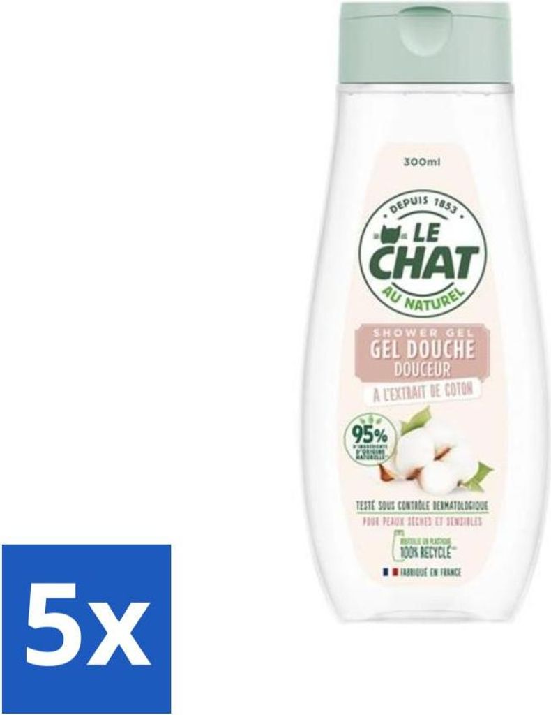 Le Chat – Sanftes Duschgel – Für trockene und empfindliche Haut – Mit Baumwollextrakt – 300 ml - Vorteilspack - 5 Stücke