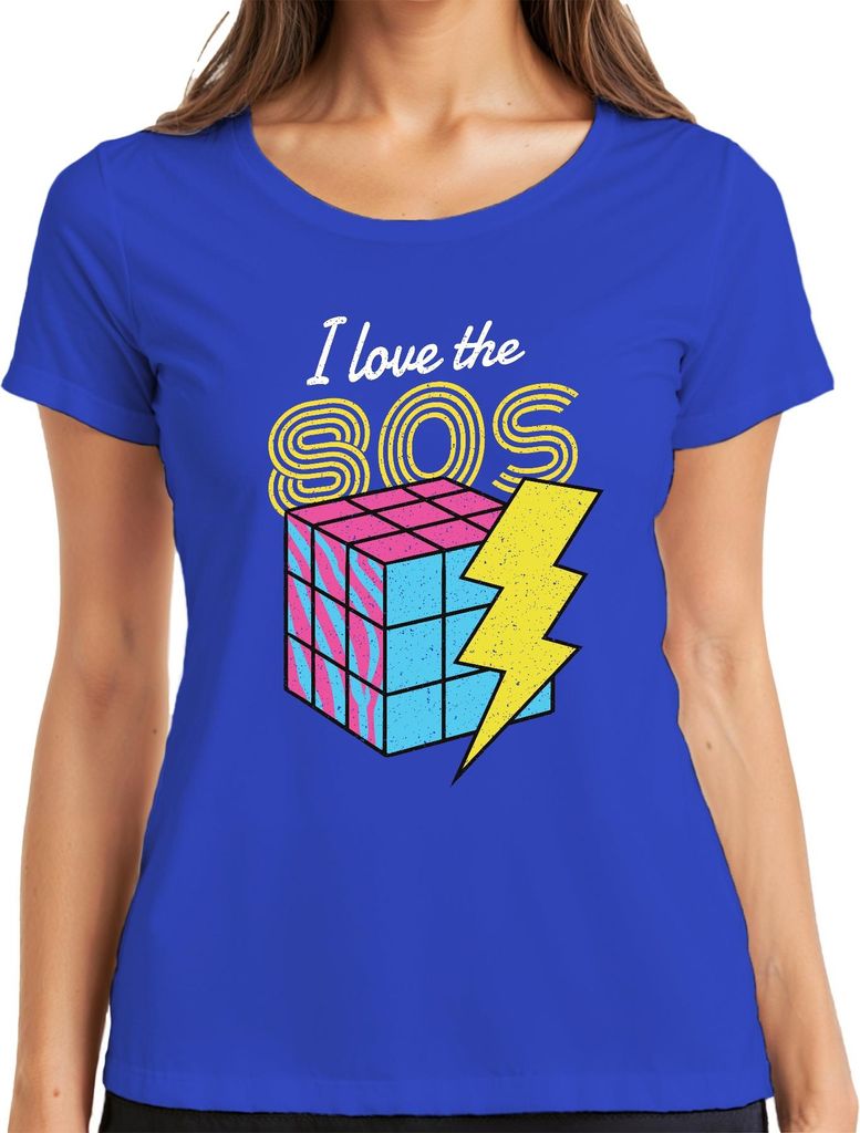 I love the 80s 80er Retro Neon Achtziger Zauberwürfel Blitz Pop Damen T-Shirt, Blau, XXL