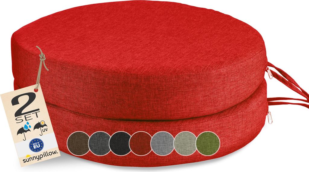 sunnypillow 2er Set Stuhlkissen Rund Ø 40 cm, wasserdicht UV-lichtecht, 7cm dick - Outdoor Polsterauflage mit Bändern - Auflage für Stühle,Bän...