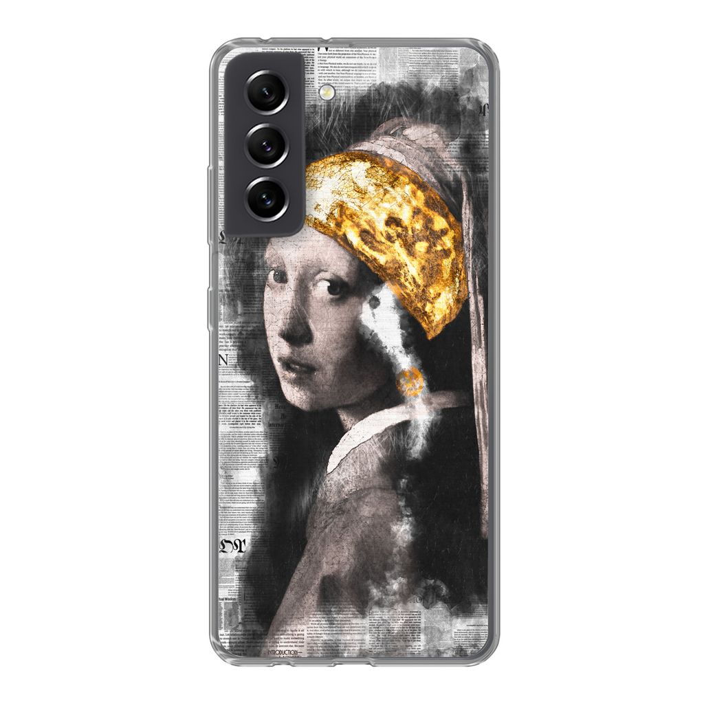 MuchoWow Handyhülle Schutzhülle Hülle für Samsung Galaxy S21 FE Mädchen mit Perlenohrring - Gold - Aquarell Silikon Softcase Handy Hülle - ...