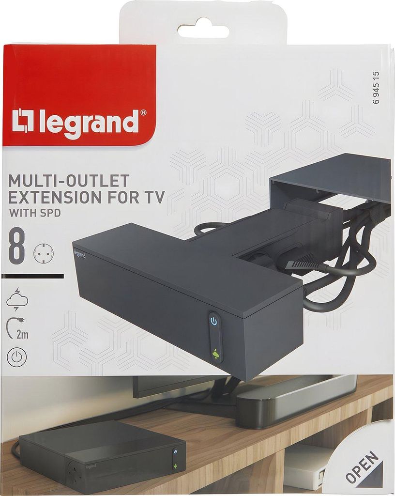 Legrand TV Corner Steckdosenleiste-Leiste 4x Steckdose, 4x Eurostecker, SPD, 2m Kabel Schwarz 694515