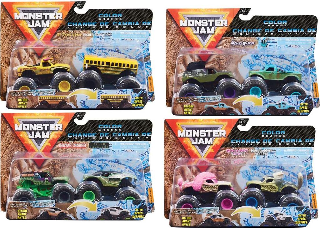 A collage of four packaged Monster Jam monster truck toy sets, each containing two trucks and showing a color-changing feature.