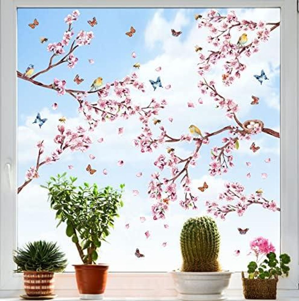 115 Stück Frühling Deko Fenster Aufkleber,Vögel Fenstersticker,Wandtattoo Blumen Rosa,Fensterbilder Schmetterling,Blumen Wandsticker,Schmetterli...