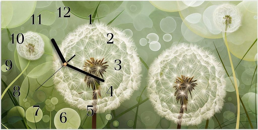 Wanduhr aus Glas mit Motiv Löwenzahnzarte Blüten- 60 x 30 cm - inkl. Aufhängesystem