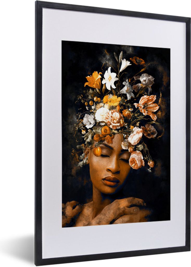 MuchoWow MuchoWow Gerahmtes Poster Blumen - Frau - Gold 40x60 cm - Poster mit zchwarzem Bilderrahmen - Poster in Rahmen
