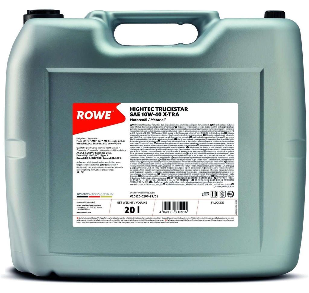 ROWE HIGHTEC TRUCKSTAR X-TRA für 10W-40 20 Liter Motoröl Motorenöl HC Synthese 228.5 Mack EO-N MAN M 3277 DQC III-10 RLD RLD-2 RD-2 RXD MTU-3 Sc...