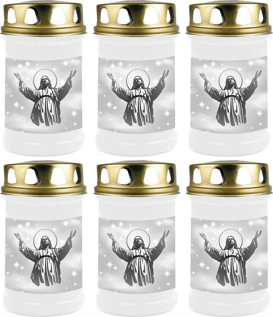 Grabkerze Weiß 6er Pack, Brenndauer: 48 Stunden ( je Kerze ), Motiv: Jesus