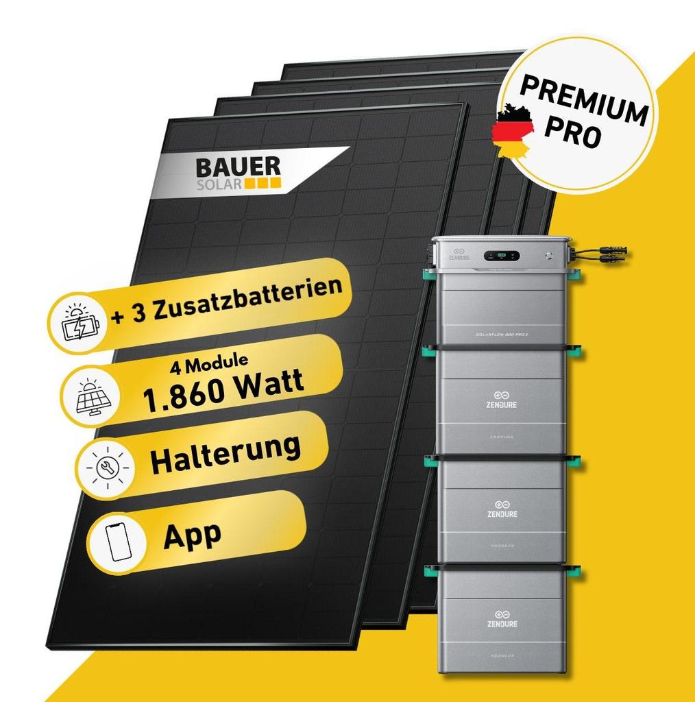 1860 Watt, Bifazial Komplettset, Balkonkraftwerk, Zendure Solarflow 800 Pro 2, 3 x AB2000L Zusatzbatterie, Germany 15m Anschlusskabel, Halterung Bi...