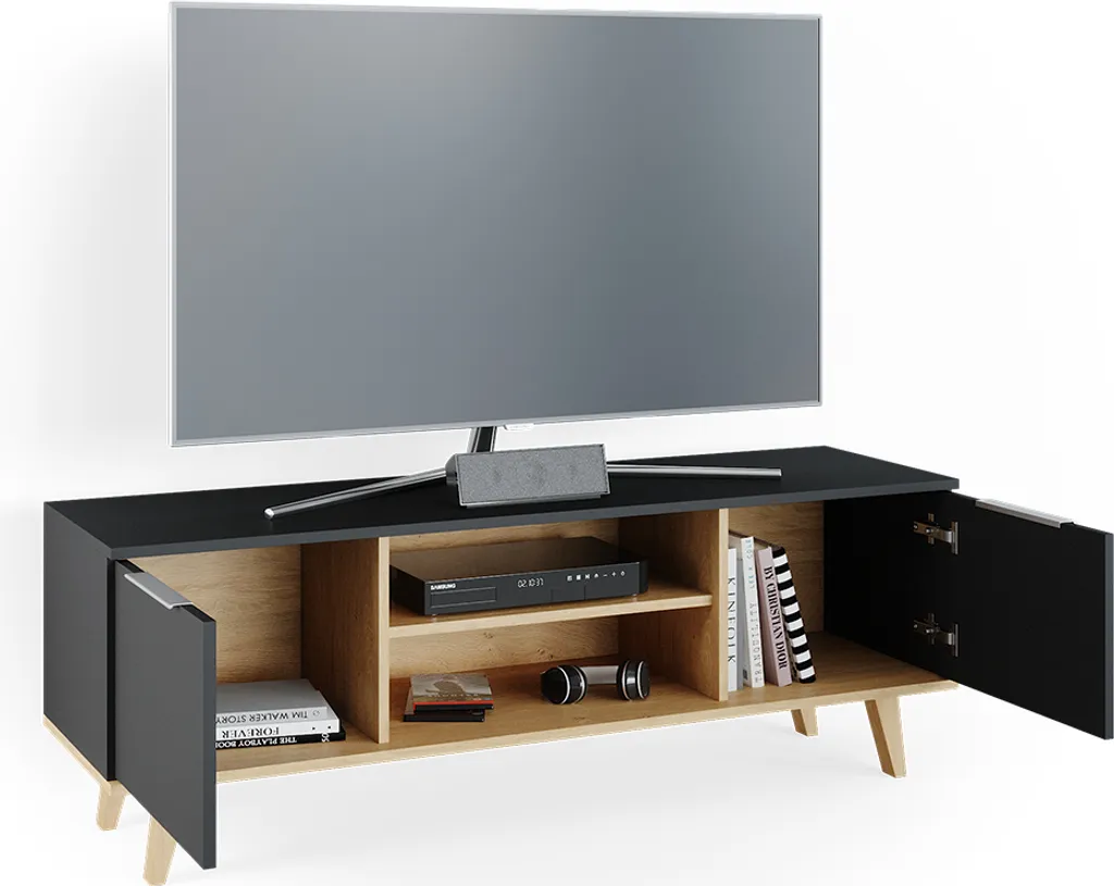 Banc TV bas gris anthracite avec rangements pour décodeur et console - 7