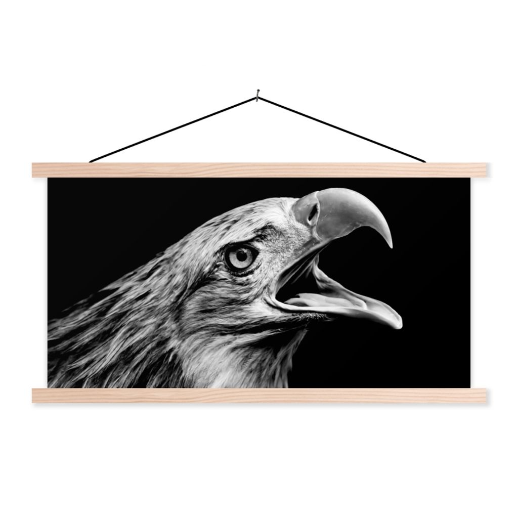 MuchoWow Textilposter Adler - Porträt - Raubvögel - Schwarz - Weiß - Vogel 120x60 cm mit holzfarbenen Rahmen - Klemmleiste