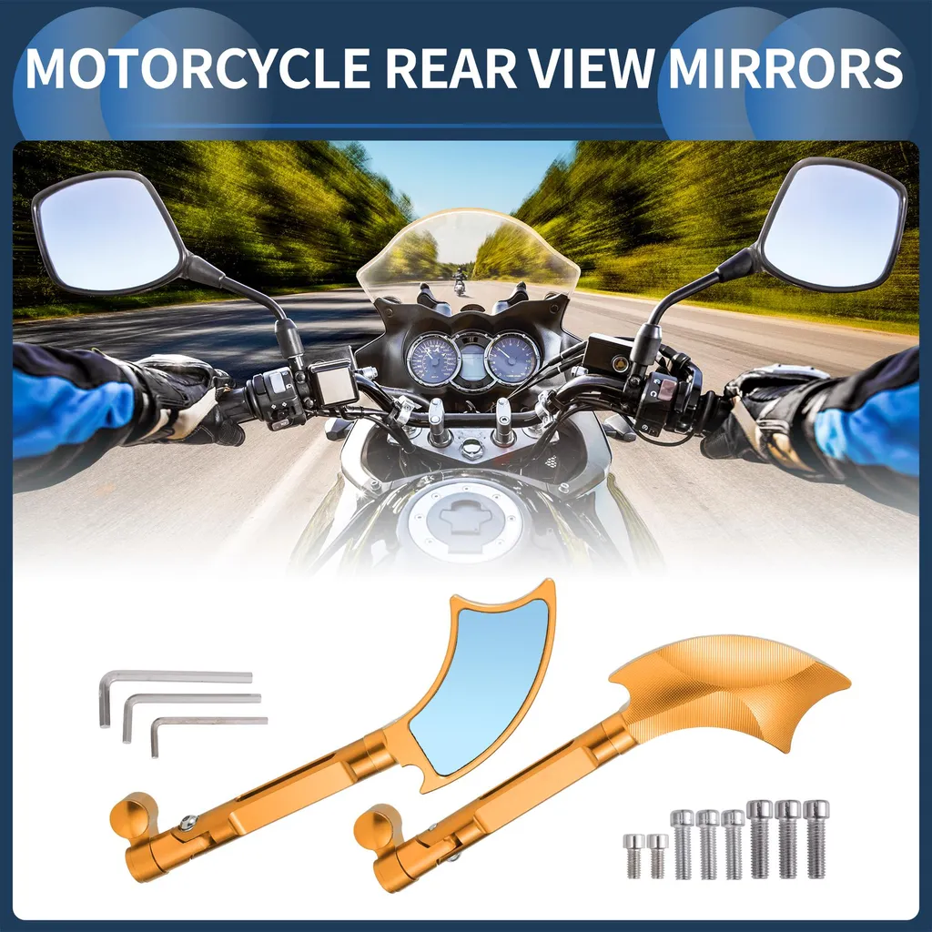 Rétroviseurs Moto Aluminium CNC Doré et Verre Bleu Haute Définition